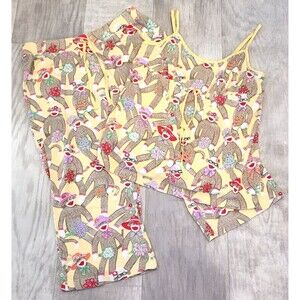 Nick & Nora M Yellow Monkey Pajamas Babydoll Tank Cropped Pants Novelty Print